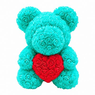 Мишка из роз бирюзовый с красным сердцем (40 см)