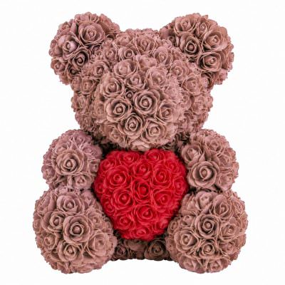 Мишка из роз коричневый с красным сердцем (40 см)